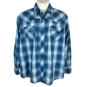 Vintage Wrangler Snapshirt Mens XXL Western Pearl Snap Plaid Brushpopper Blue